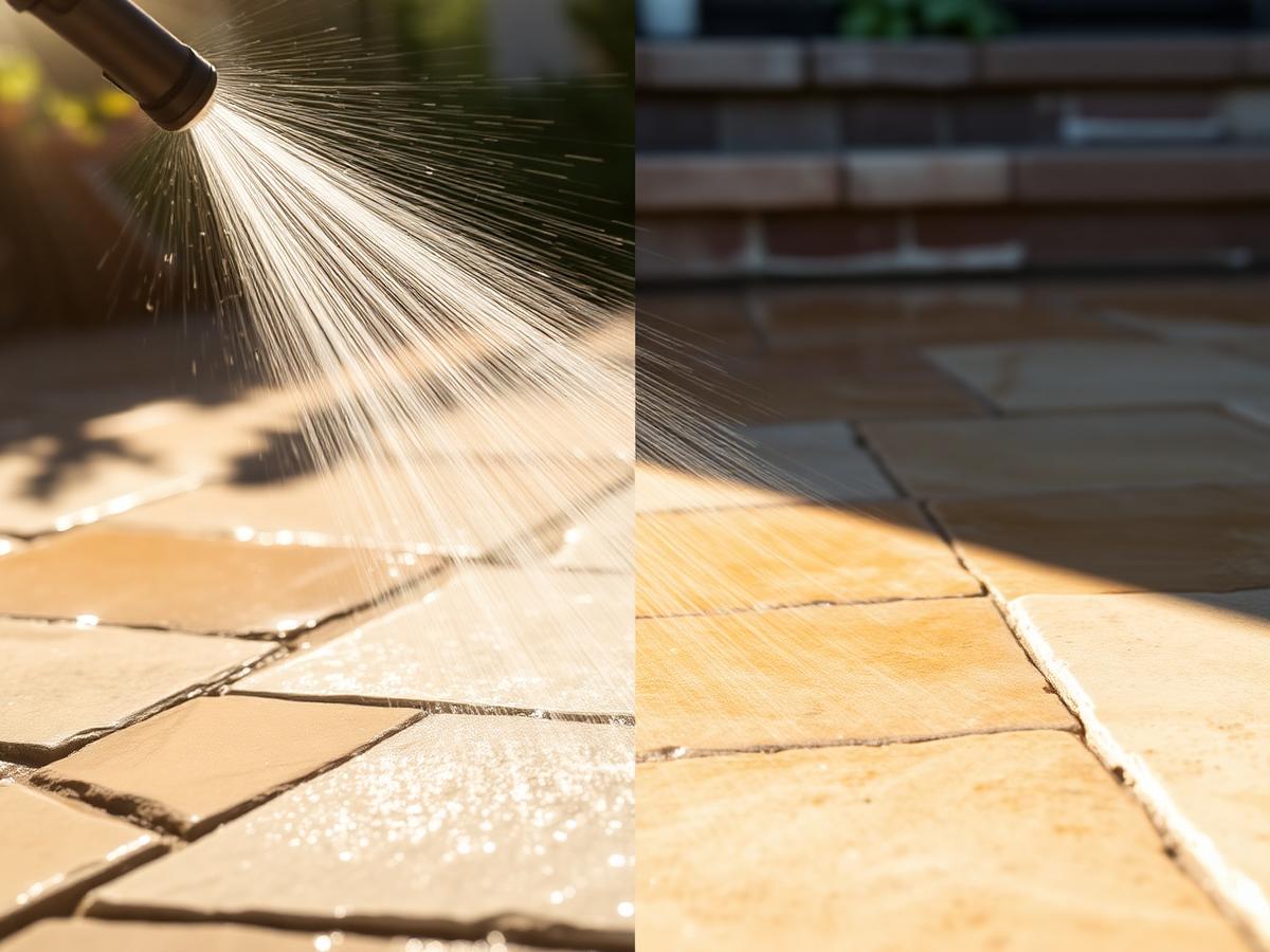 Pressure washer revealing clean stone patio